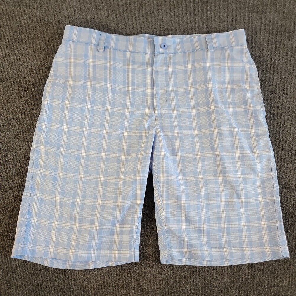 Ping Mens Golf Shorts Blue White Plaid Performance Flat Front 34 Lightweight